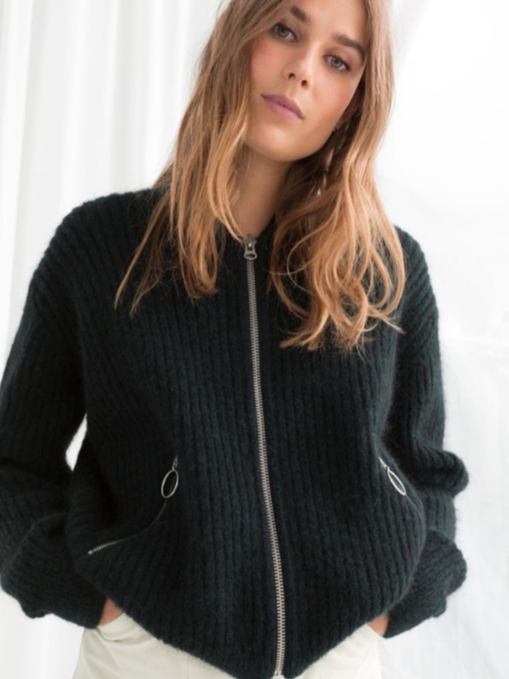 & Other Stories Wool Mohair Knit Full Zip Bomber Jacket Sweater Dark Green Small